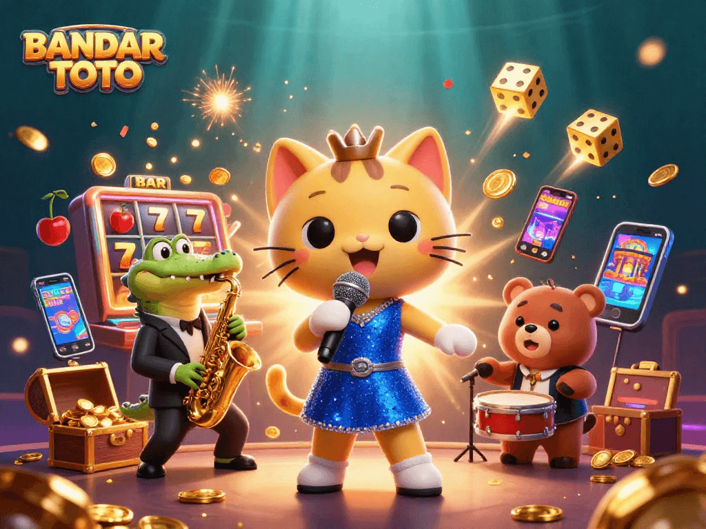 BANDAR TOTO showcases thrilling slot jackpot scenes with festive characters in a vibrant casino atmosphere