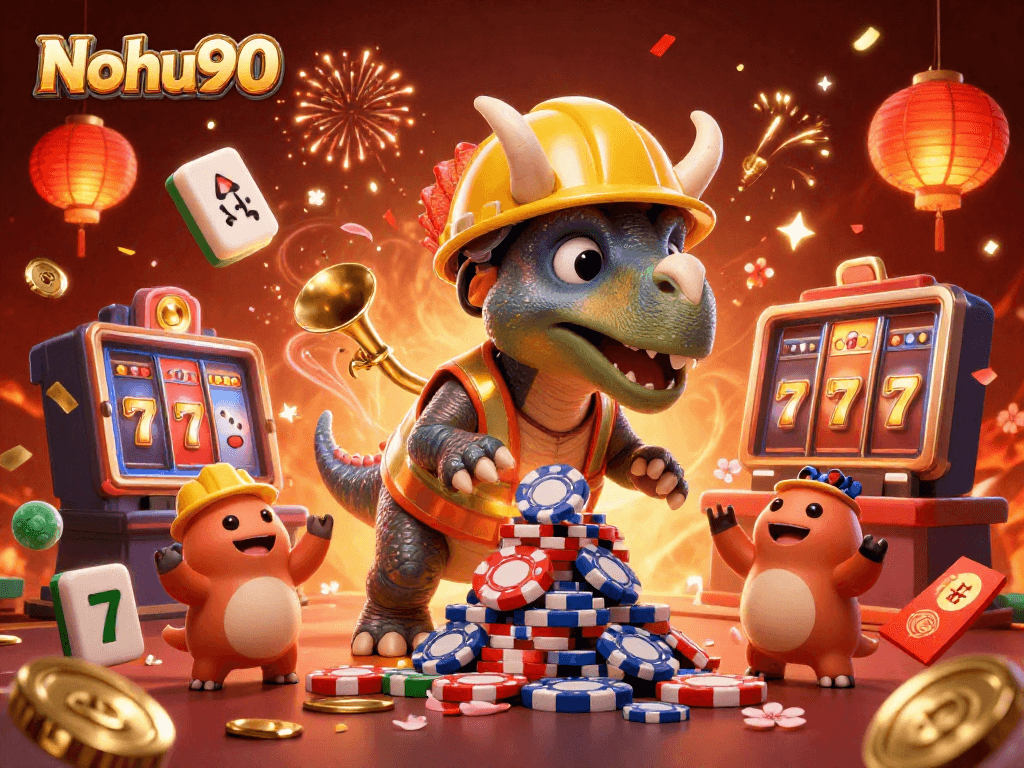 Nohu90 showcases vibrant casino elements with triceratops and parasaurolophus in celebration.