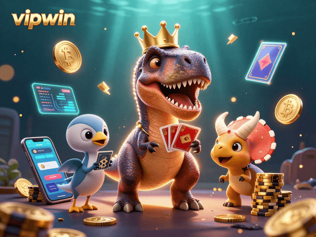 Win big with vipwin in this vibrant 3D casino scene featuring playful characters and crypto elements.