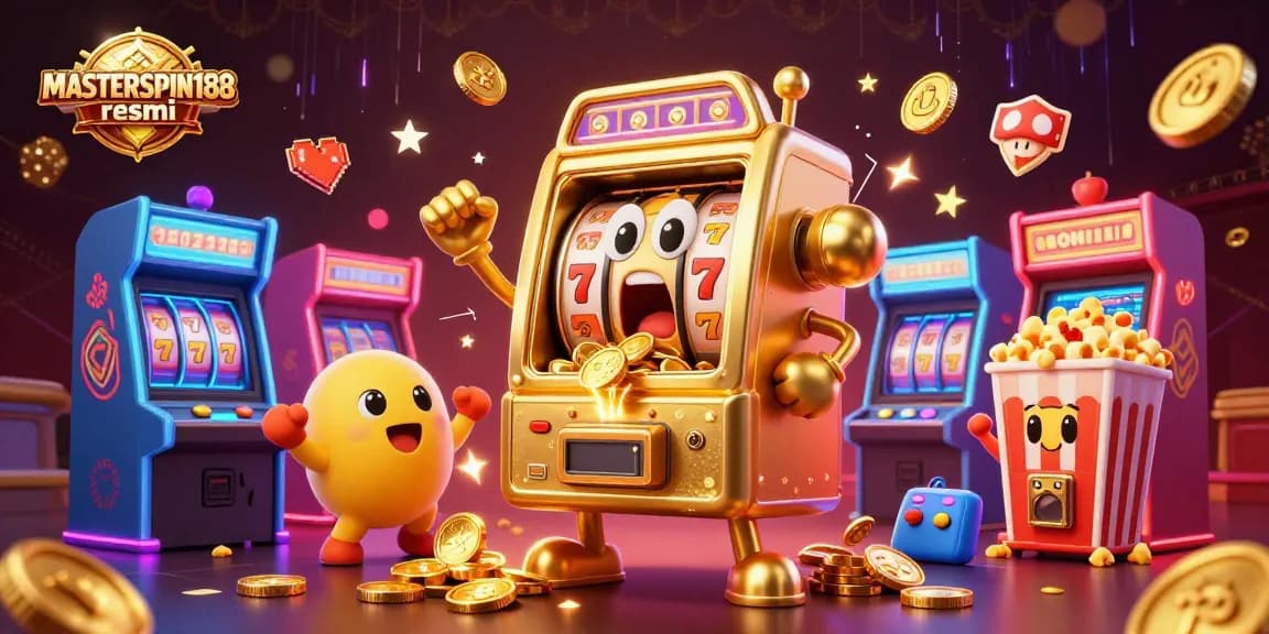 MASTERSPIN188 resmi showcases a vibrant scene with a golden slot machine hitting a jackpot surrounded by cheering machines.