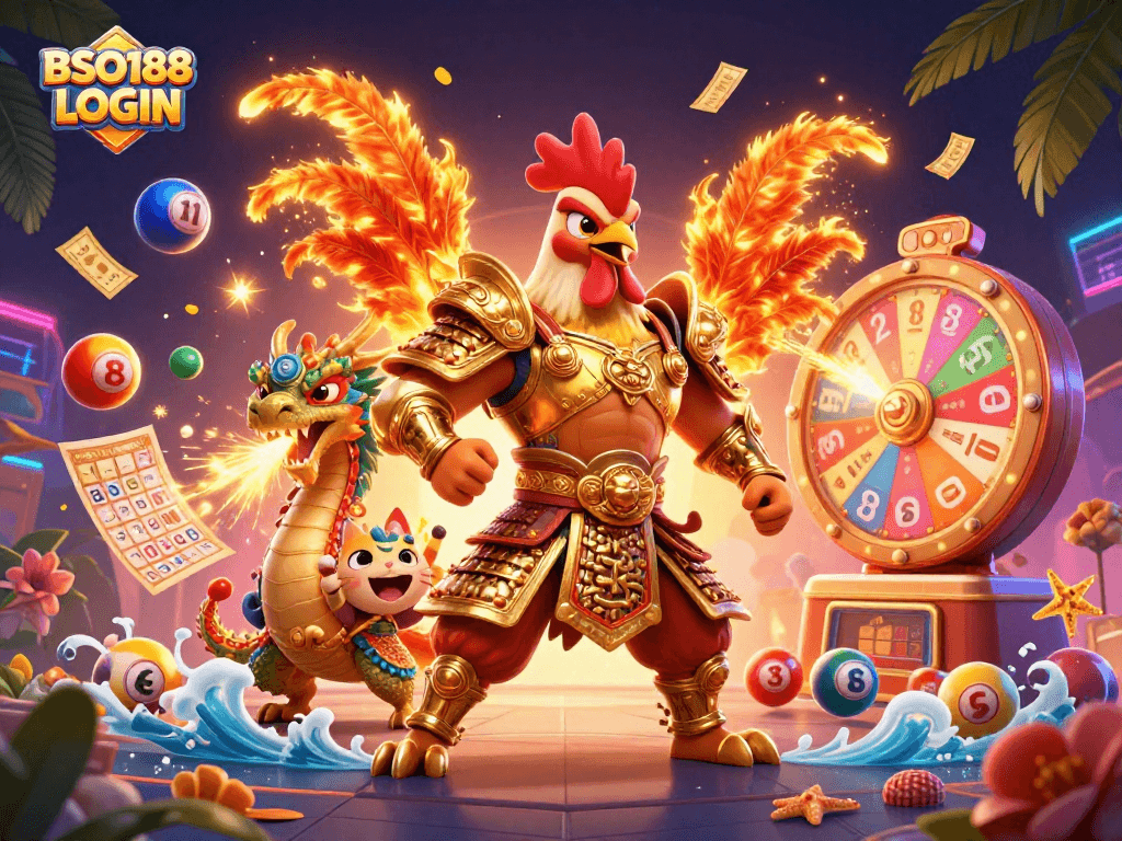 Play thrilling games at BSO188 LOGIN with a powerful rooster warrior and an armored dragon in an exciting casino scene.