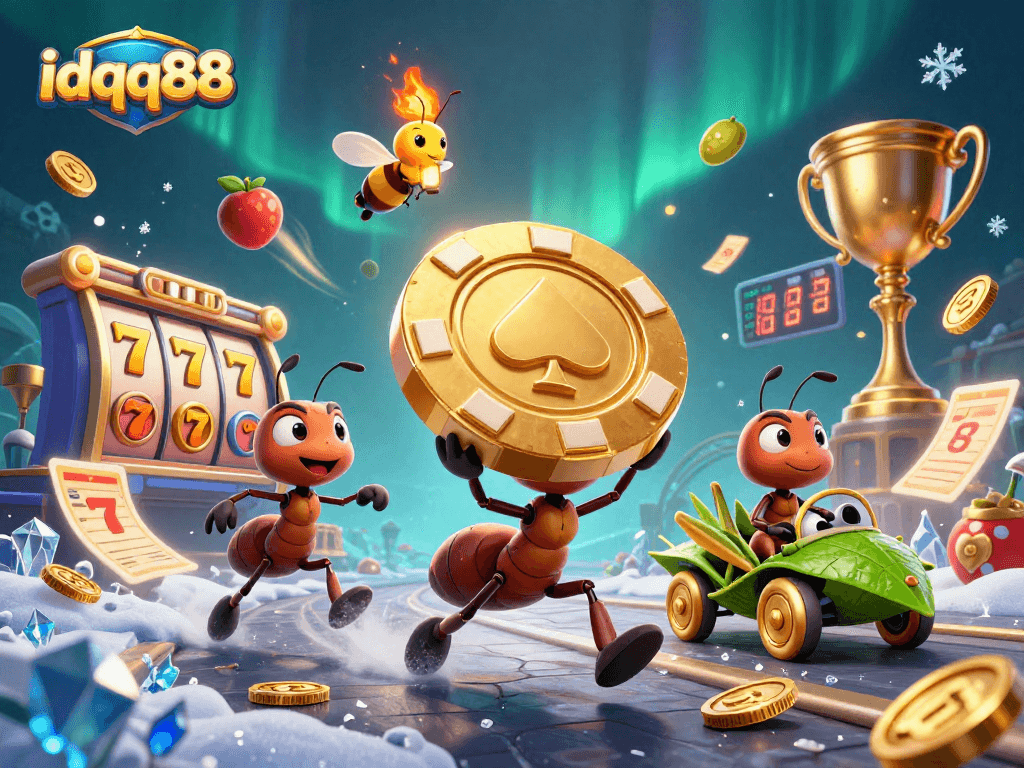 Place your bets with idqq88 in this dynamic illustration featuring a heist scene with ant characters.