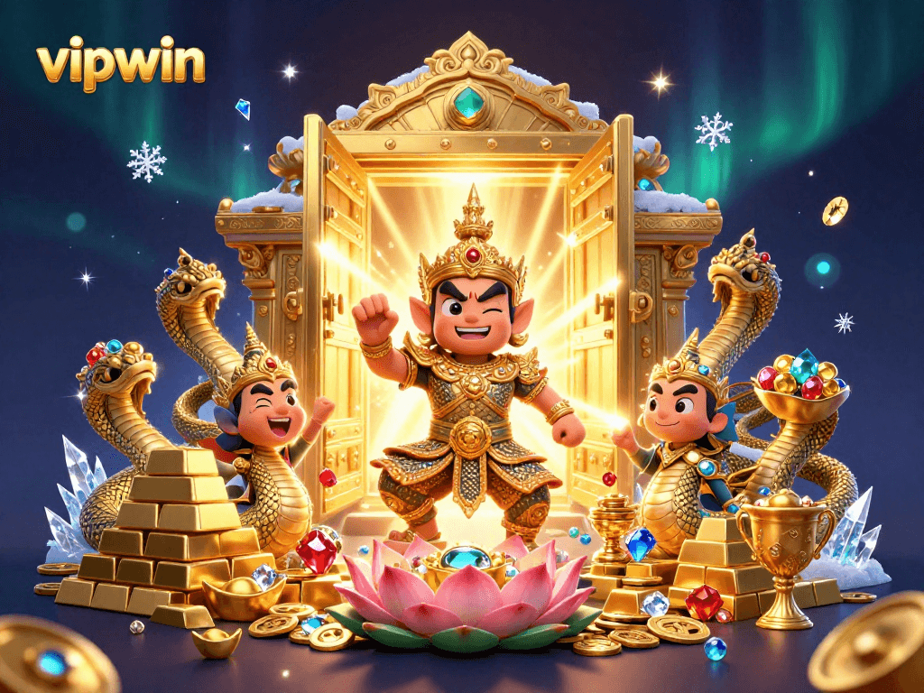 Engage in thrilling online gambling adventures at vipwin with a spectacular illustration of mystical guardians and treasures.
