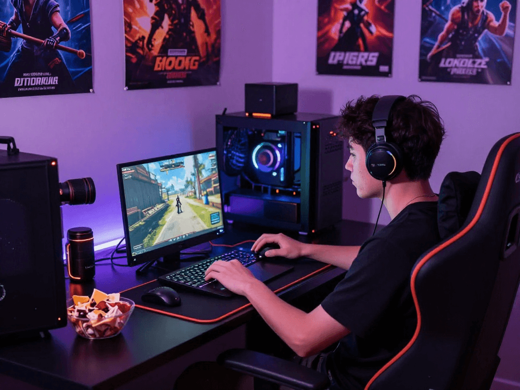 Engaging scene of a gamer playing game sex on a laptop in a cozy gaming setup.
