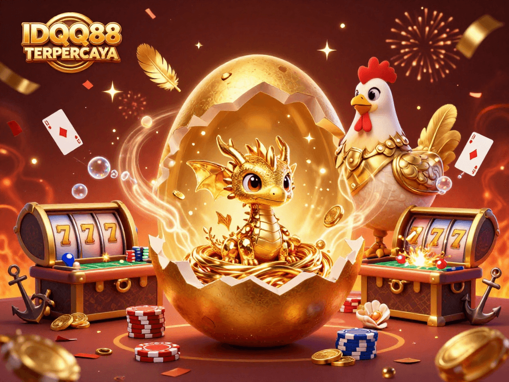 Engage with IDQQ88 TERPERCAYA as a golden dragon emerges among poker chips, enhancing gaming excitement.