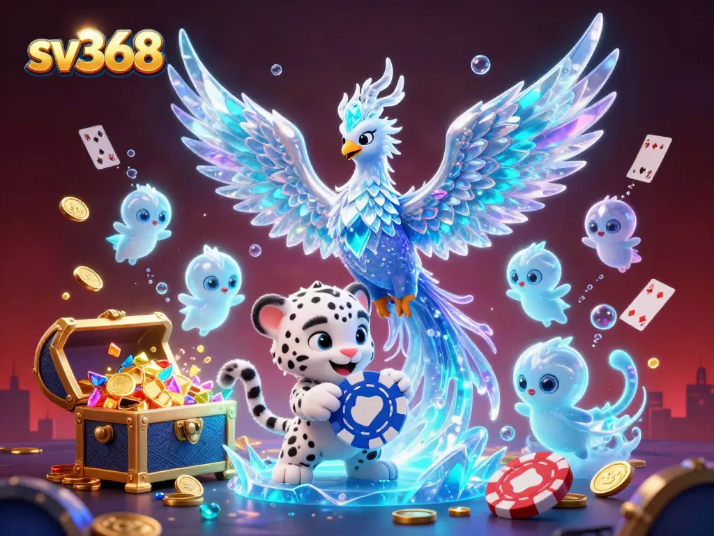 sv368's vibrant 3D cartoon illustration showcases casino and game elements with an ice phoenix, creating an enchanting atmosphere.