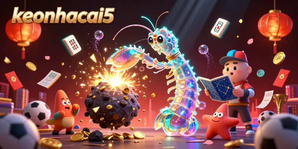 Win big with keonhacai5 as the galactic mantis shrimp celebrates amidst soaring sports symbols and dazzling treasures!