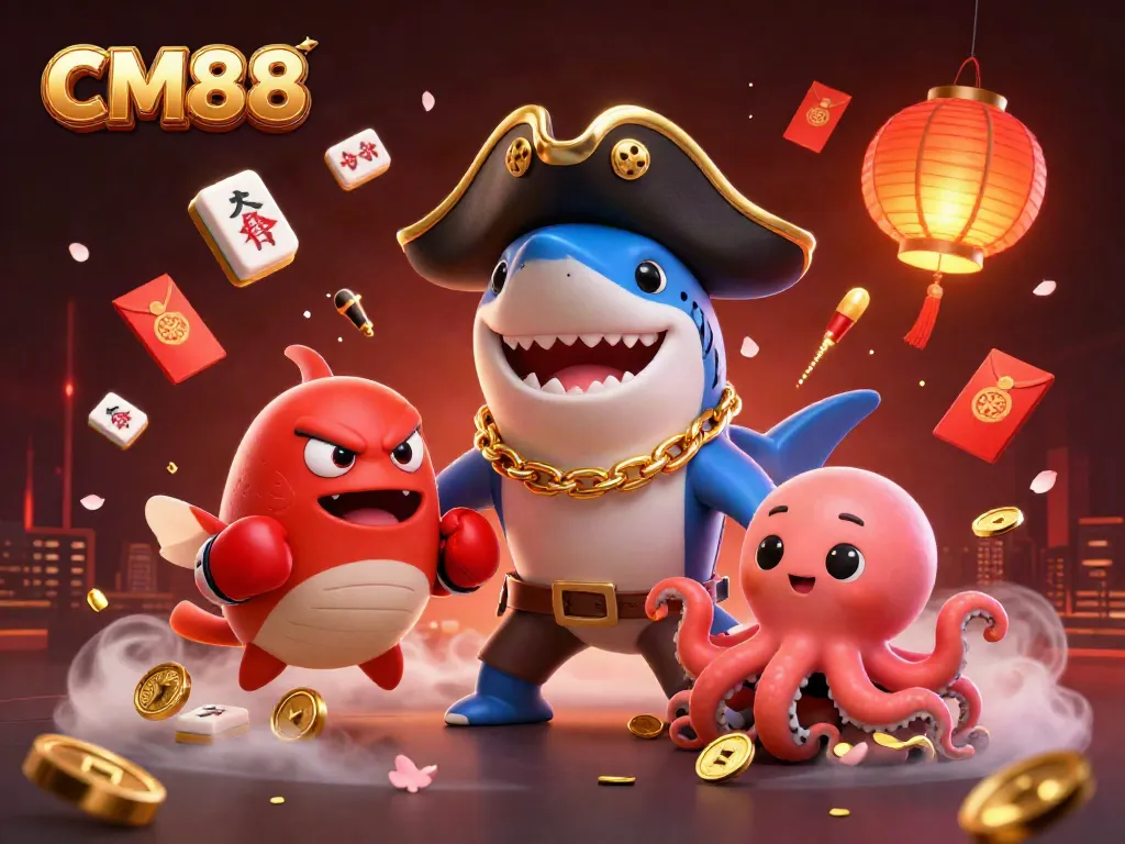 Join the vibrant CM88 adventure with a pirate shark, a boxing pufferfish, and an octopus amid golden treasures.