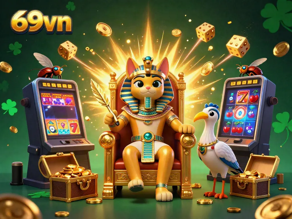 Engage in thrilling casino adventures with 69vn featuring a majestic pharaoh cat, vibrant slot machines, and stunning game elements.