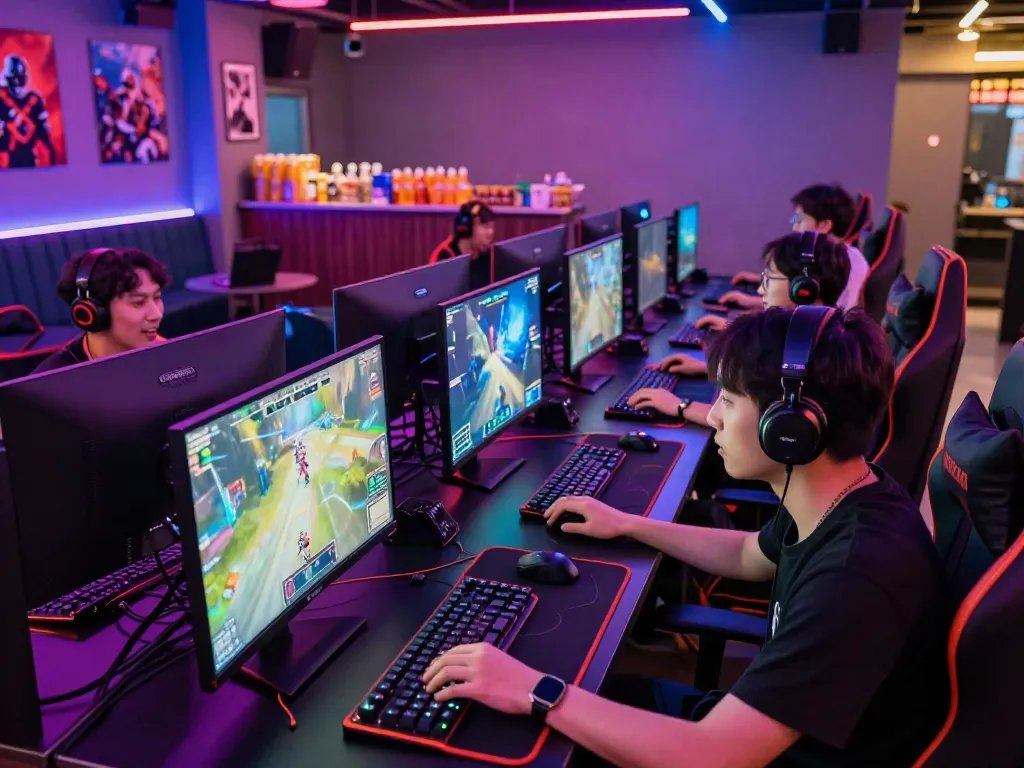 Gaming at a modern lounge with vibrant lighting and competitive atmosphere at https://manclub1.jp.net/
