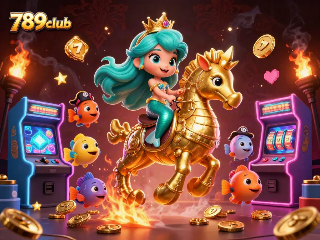 Engage in thrilling adventures with 789club's colorful casino-themed illustration featuring mermaids and gaming icons.