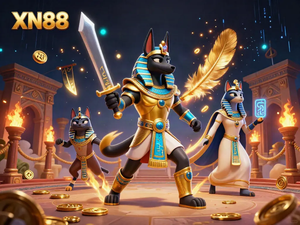 Experience thrilling gaming at XN88 with ancient Egyptian-themed characters and dynamic casino elements.