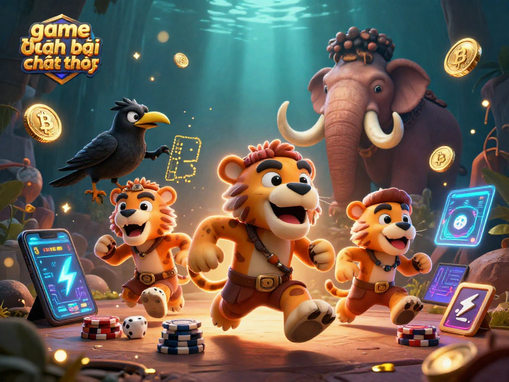 Play game đánh bài đổi thưởng in a vibrant prehistoric casino scene with glowing coins and engaging characters.