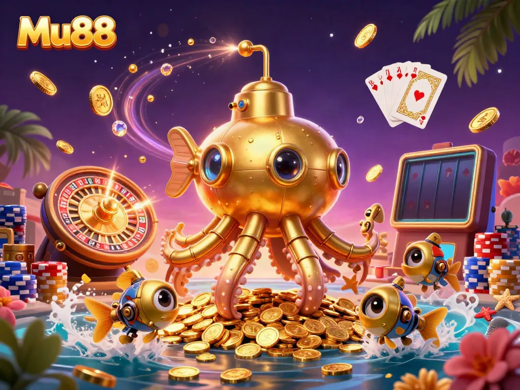 Join the adventure at Mu88 with a golden kraken submarine surfacing through coins in an exciting casino scene.