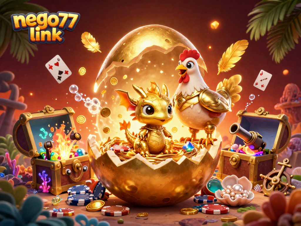 Bet on your favorite games with the vibrant nego77 link art featuring golden dragon and poker chips.