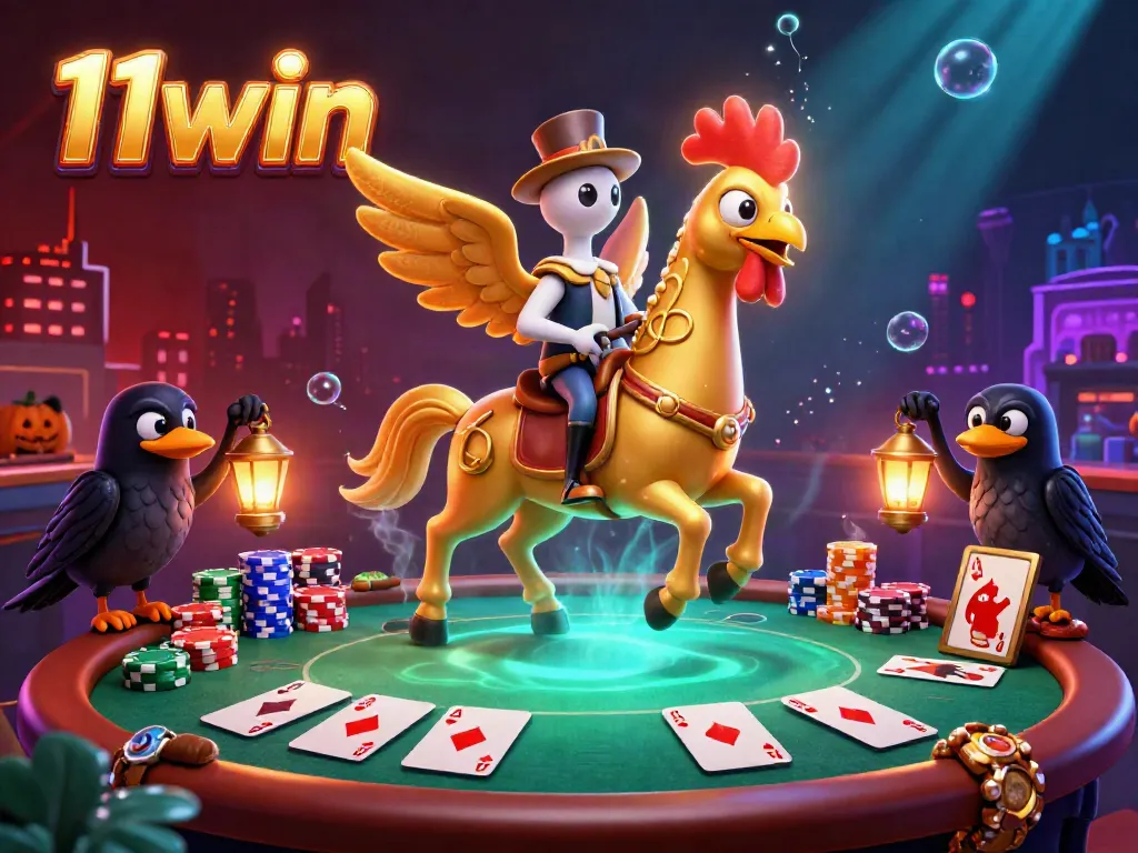 Experience thrilling gaming action with 11win as golden rooster charismatically navigates a vibrant midnight casino.