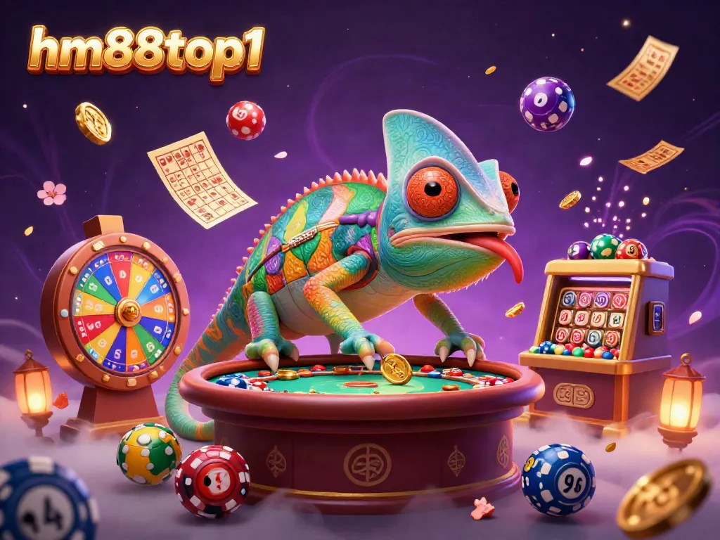 Experience vibrant gaming at hm88top1 with a dynamic chameleon casino owner and colorful lottery elements.