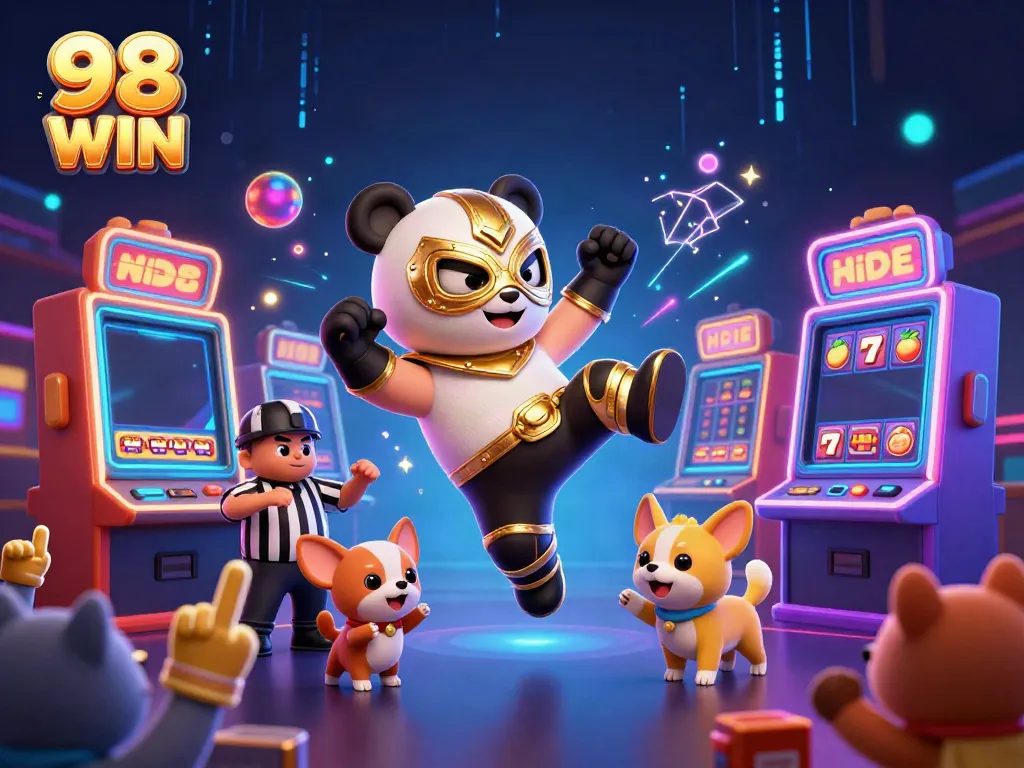 Experience the thrill of 98 WIN with animated casino action featuring lively animal characters and slot elements.