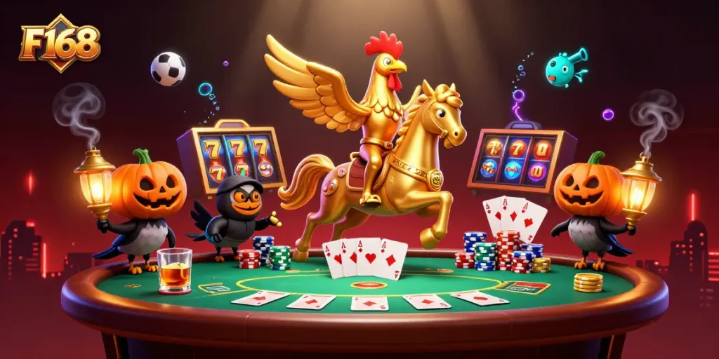 Engage in thrilling games at F168's vibrant midnight casino featuring a golden rooster and lantern-carrying companions.