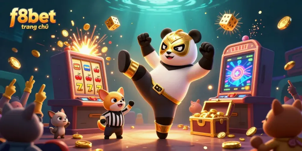 Engage in exciting gameplay at f8bet trang chủ with dynamic scenes of a panda wrestler and casino elements.