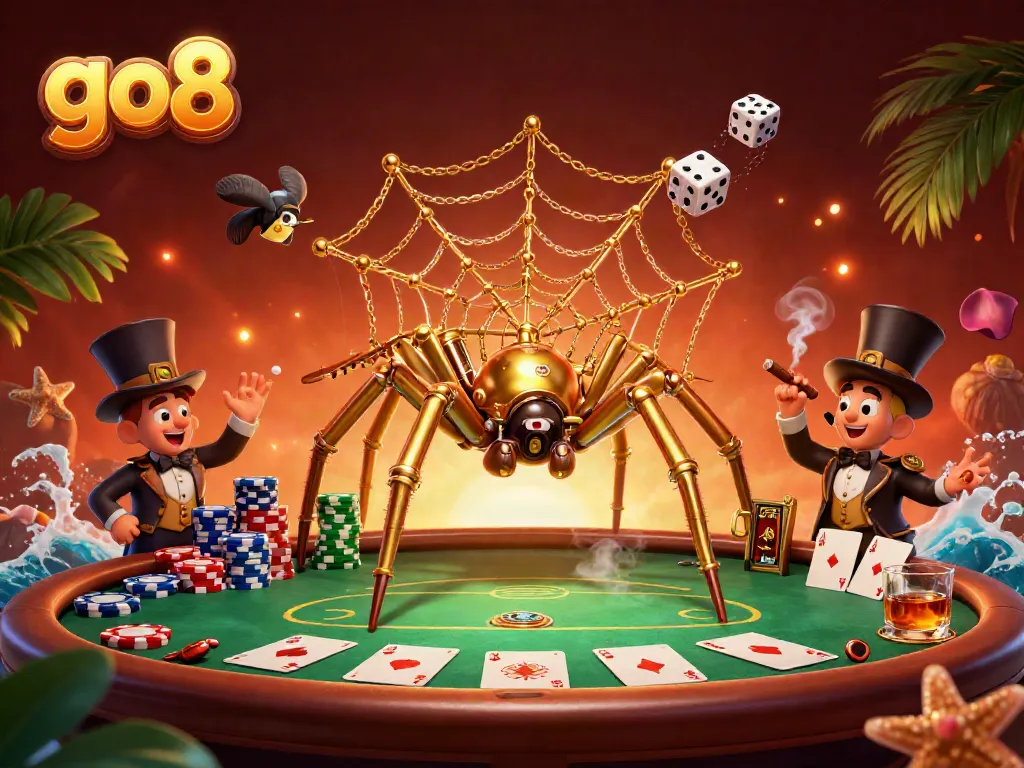The go8 steampunk spider captures unlucky dice in a dramatic casino scene with poker elements.