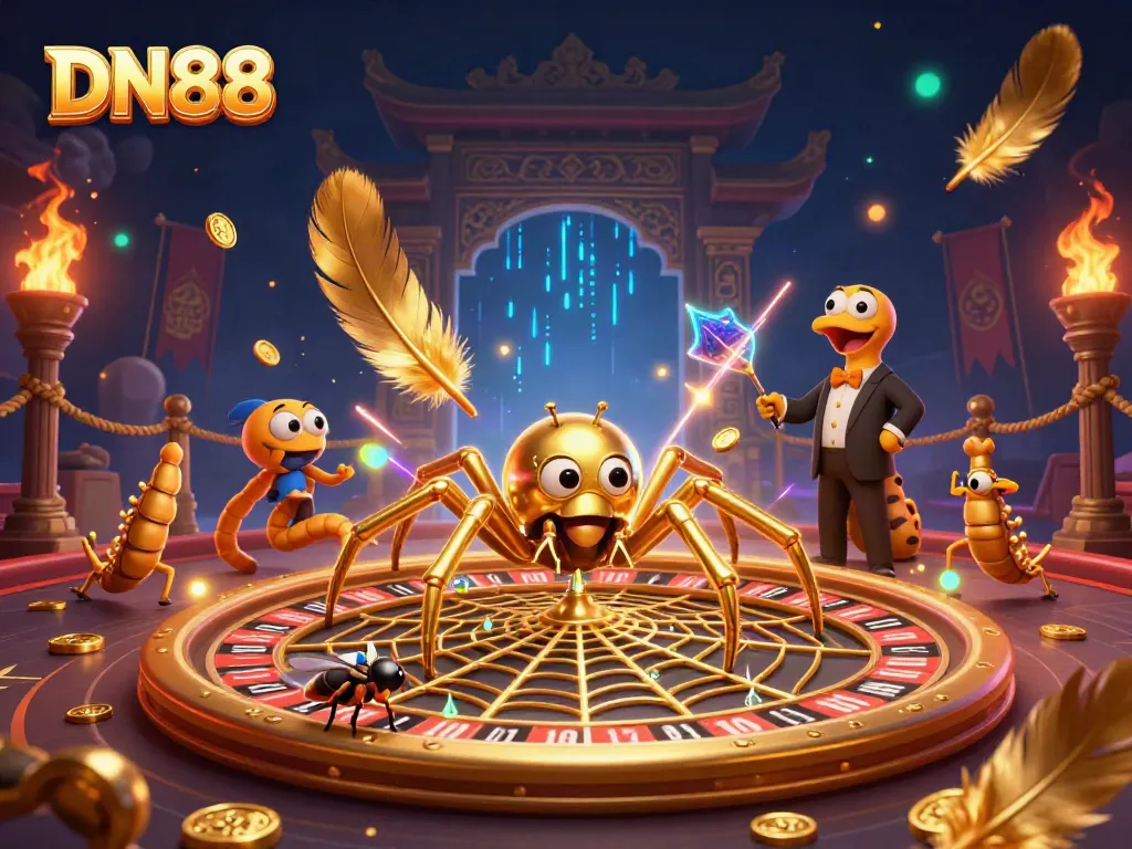 Engage in the thrilling world of DN88 with a lively 3D illustration of a spider and croupier at a roulette wheel.