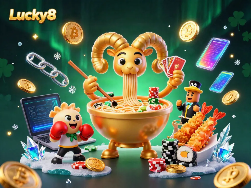 Engaging Lucky8 online casino scene with vibrant cartoon characters and crypto elements.