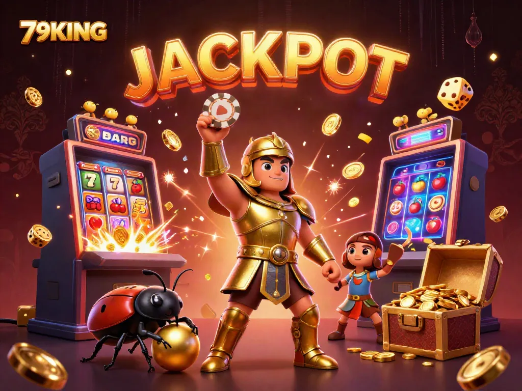 Experience the thrill of 79KING with a vibrant 3D casino scene showcasing a victorious beetle character.