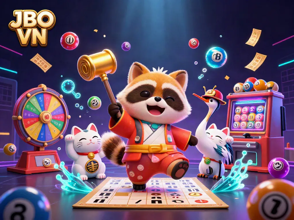 Join the excitement at JBO VN with a vibrant scene featuring a cheerful tanuki, colorful maneki-neko, and engaging casino elements.