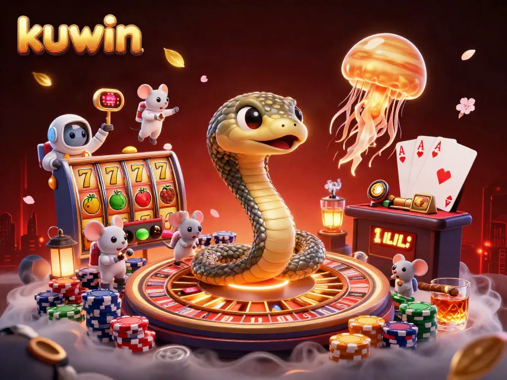 Kuwin 3D casino scene with animated characters and vibrant gambling elements, showcasing slots and poker