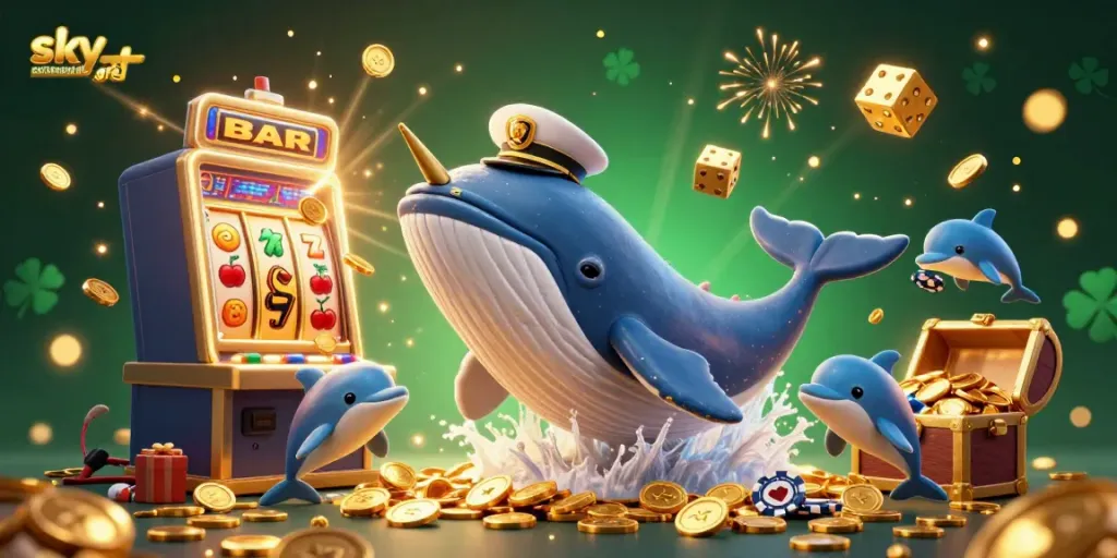 Experience the excitement of betting with sky exchange betting id in this dynamic 3D illustration, featuring casino elements and playful marine characters.