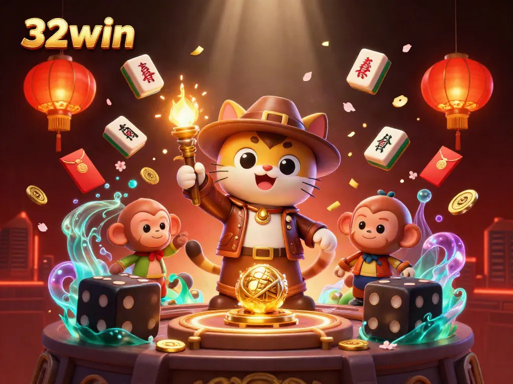 Engage with the vibrant world of 32win, where a cartoon explorer cat discovers a golden artifact amid dynamic casino elements.