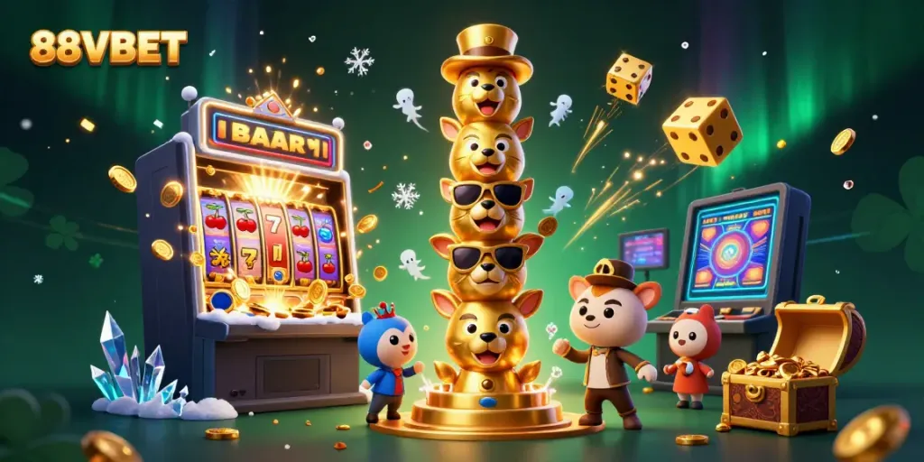 Experience thrilling moments at 88VBET with vibrant animations of slots, treasures, and games.