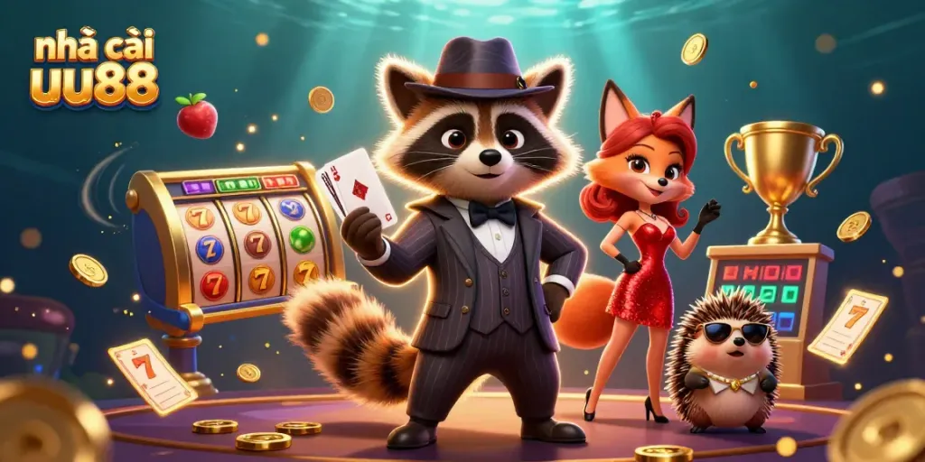 Engage in thrilling slots at nhà cái uu88 with a raccoon, fox, and hedgehog in vibrant casino scene.