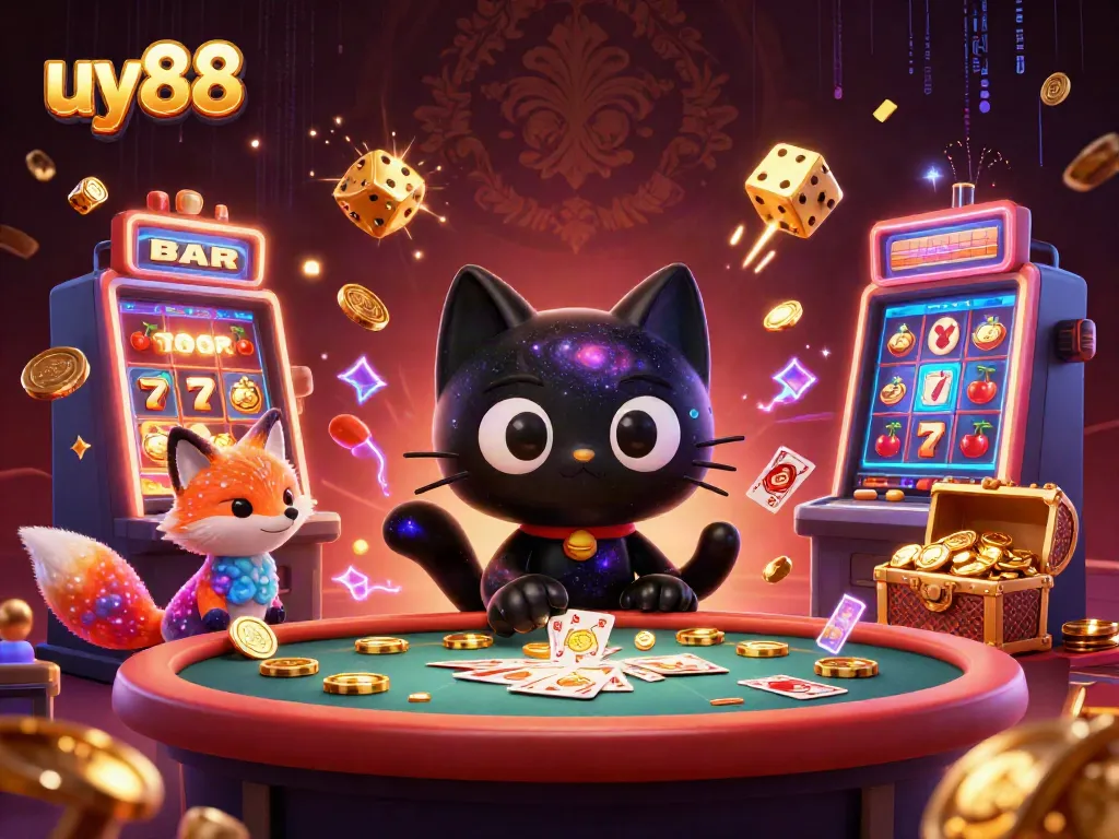 Engage with uy88's cosmic casino adventure filled with winning slot symbols and vibrant characters.