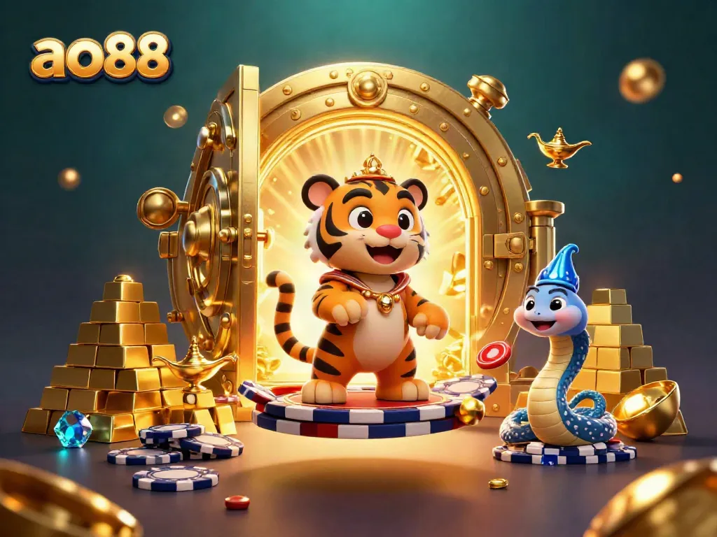 Experience the exciting world of ao88 with a dynamic scene featuring a tiger sultan and treasure elements.