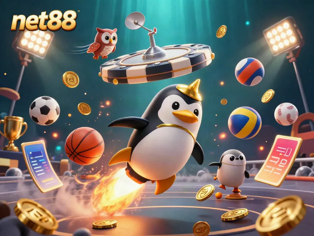 Engage with net88 in a dynamic illustration of a penguin flying to a casino space station, surrounded by sports betting elements.