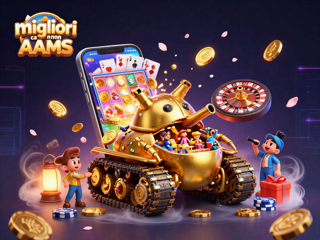 I migliori casino non AAMS con un carro armato dorato che rivela un casinò in miniatura e giochi da tavolo dinamici
