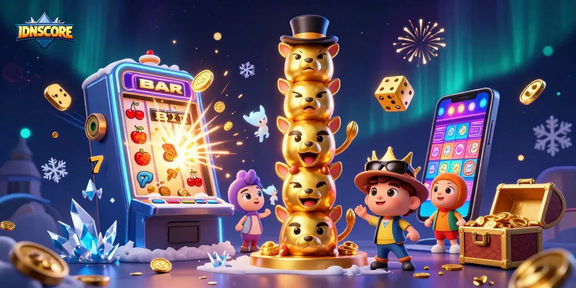 Experience the excitement of IDNSCORE with a vibrant 3D casino illustration showcasing a golden totem and a jackpot explosion.
