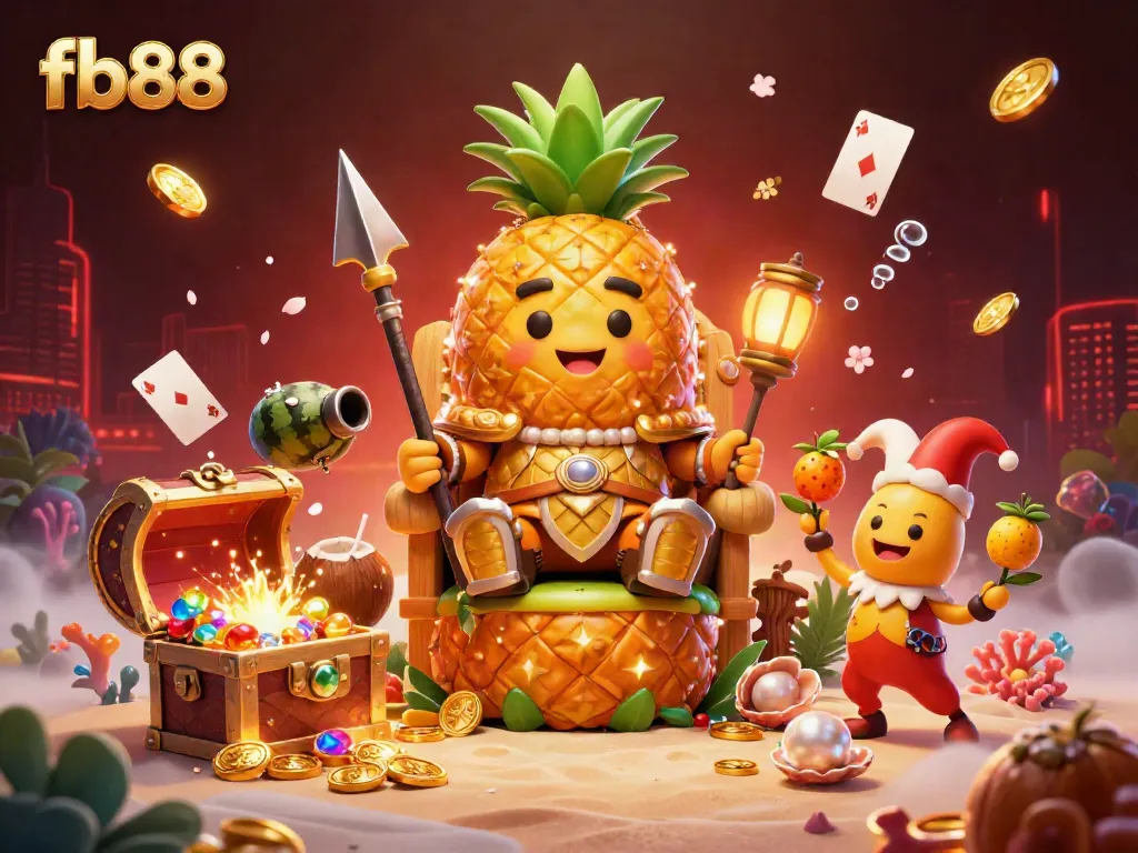 Engaging fb88 experience with golden pineapple king, beach casino, and vibrant game elements.