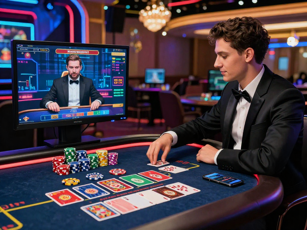Giocatore nei migliori casino non AAMS mentre interagisce con un dealer dal vivo in un ambiente virtuale brillante.