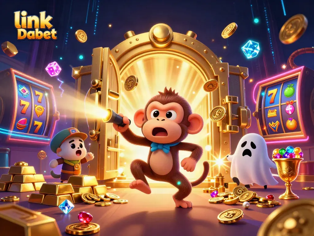 Experience the thrill of gaming with link Dabet, where a mischievous monkey juggles treasures in a vibrant casino.