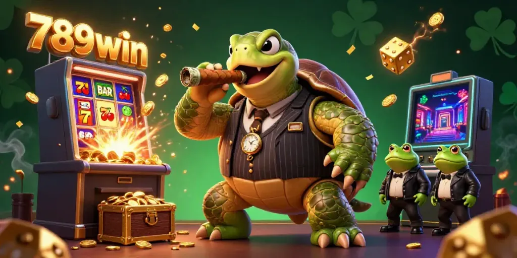 Experience the excitement of 789win with our stunning illustration of a 3D snapping turtle mobster amidst casino chaos.