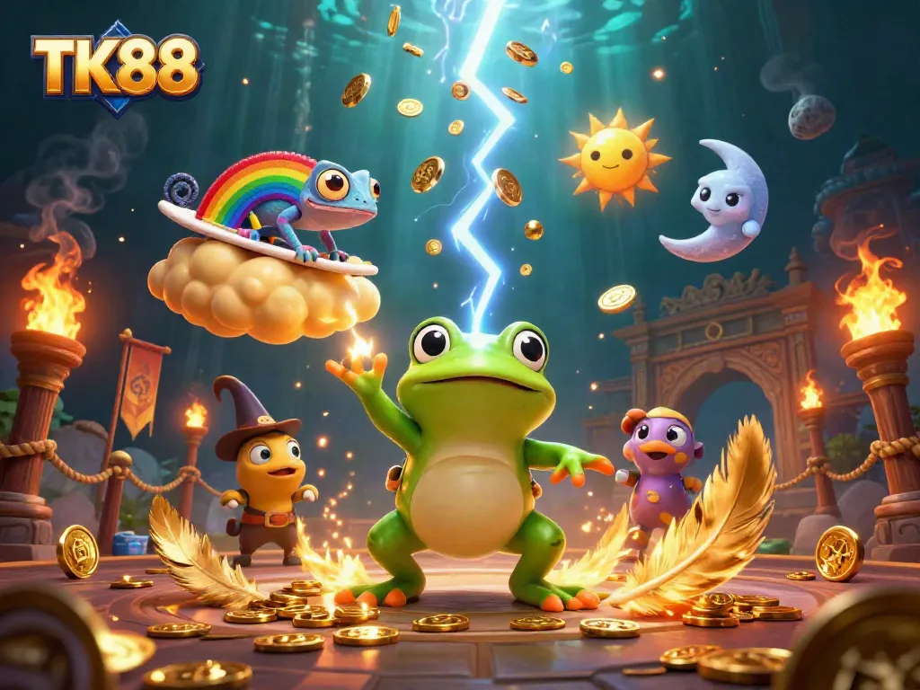 Experience thrilling gaming with TK88's whimsical 3D adventure showcasing vibrant characters and casino elements.