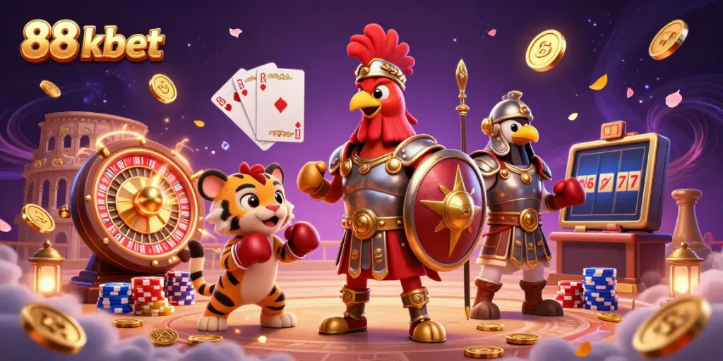 Experience the excitement of 88 kbet with a dazzling 3D illustration of a gladiator rooster amidst casino elements.
