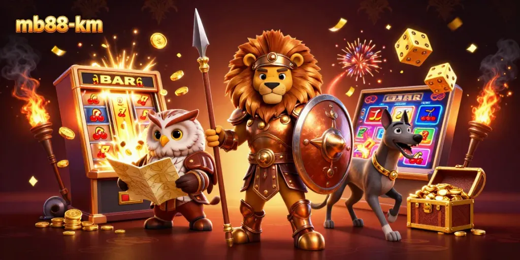 Players spin the jackport at the lively mb88-km casino with vibrant visuals and golden elements.