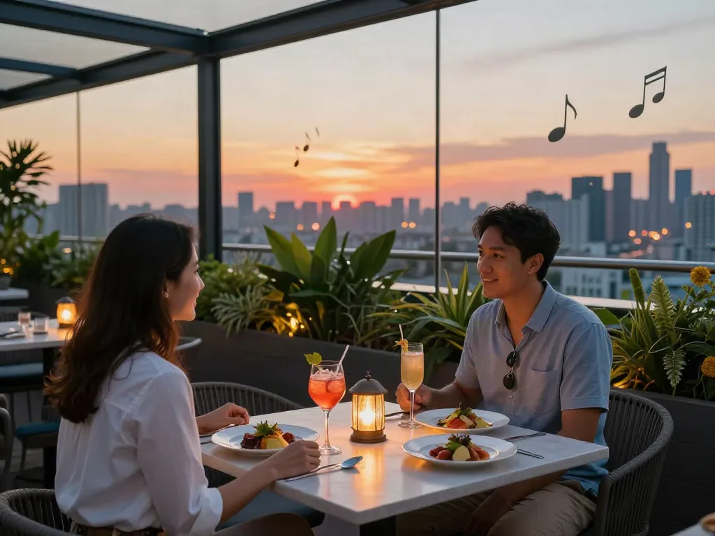Couple dining at NoHu rooftop with city skyline view and sunset ambiance.