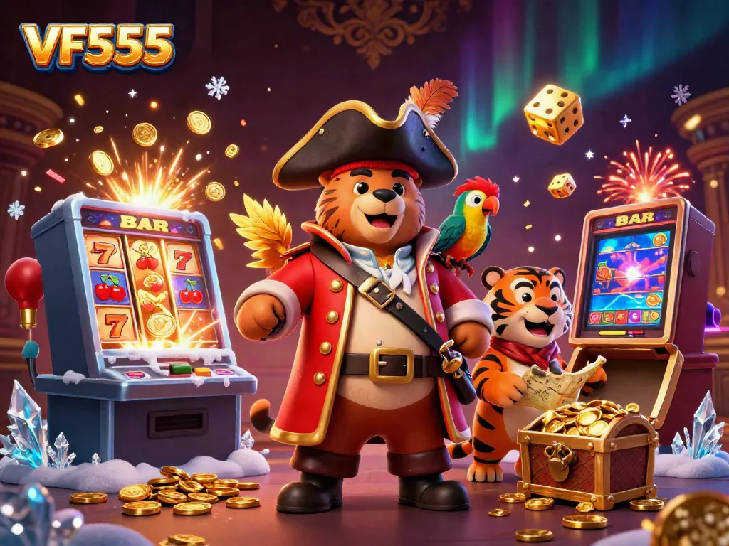 Experience the excitement of VF555 with vibrant casino elements and characters in a dynamic 3D scene.