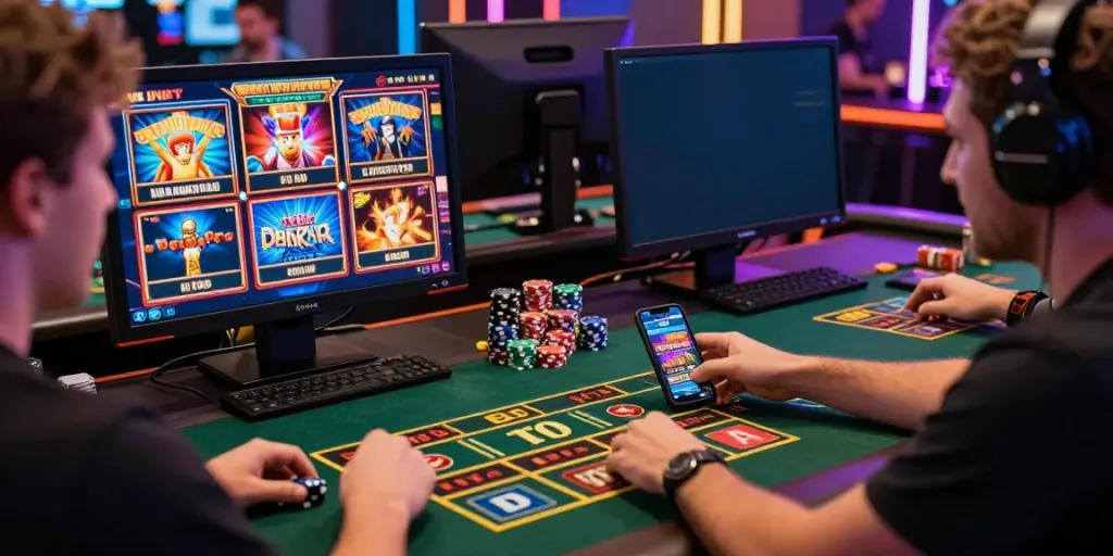 A80 online casino gaming scene with players immersed in slot games and vibrant graphics.