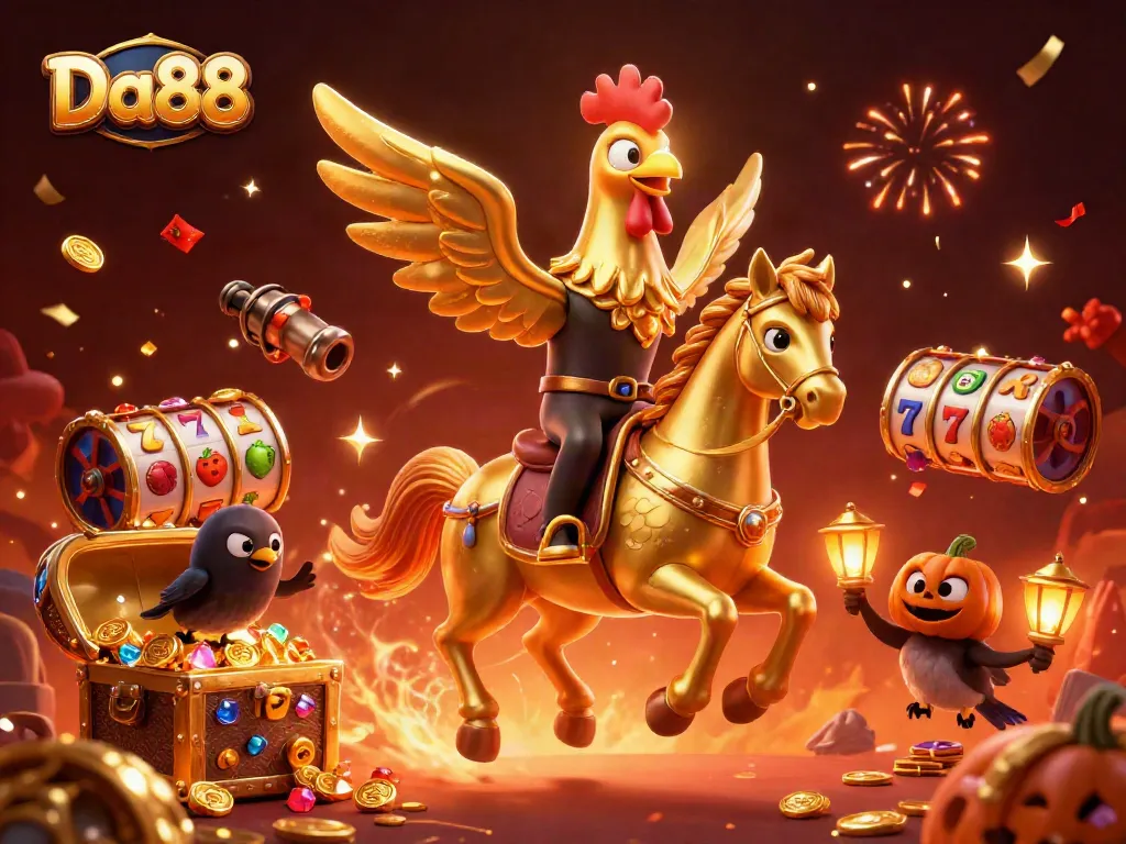 Experience thrilling wins at Da88 with vibrant slot reels and festive confetti in a captivating casino scene.